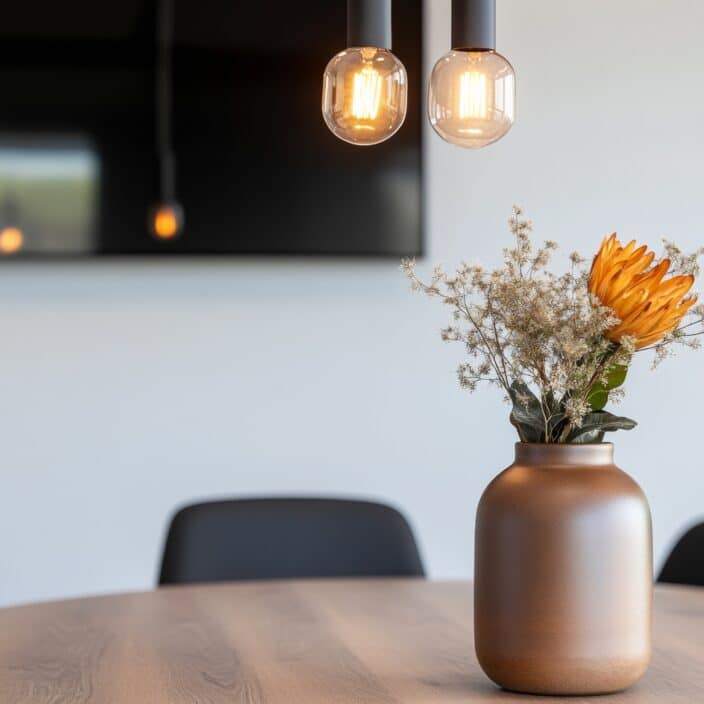 Scandi-Chic Conference Room Decor Matte Ceramic Vase with Wildflower Arrangement on Minimalist Wooden Table - Enhancing Corporate Spaces and Inspiring Collaborative Planning.