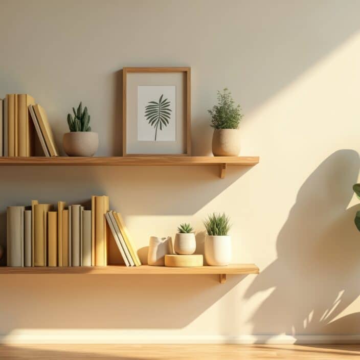 Minimalist room with wooden shelves holding books and potted plants. Natural light casts shadows on the wall creating a calm and organized workspace.